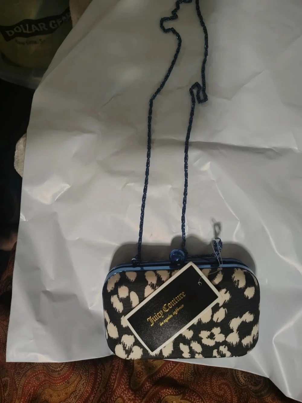 NWT Juicy Couture Leopard Print Frame Clutch Crossbody Blue Chain
